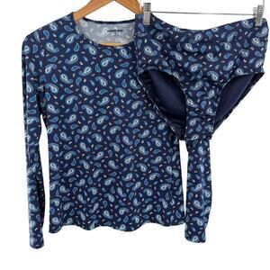 Land’s End Woman’s Blue Paisley Long Sleeve Rash Guard Two Piece Swimsuit XS 2-4